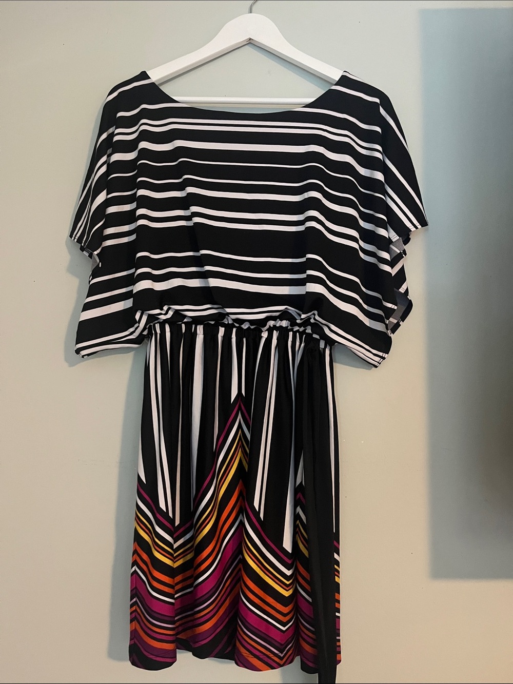 Black and White Striped Midi Dress with Colorful Chevron Skirt